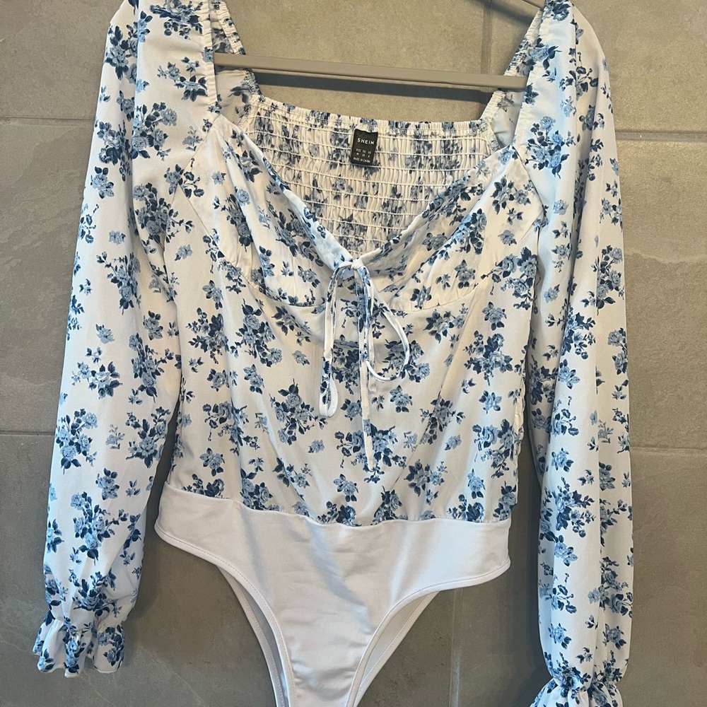 SHEIN Blue and White Smocked Top